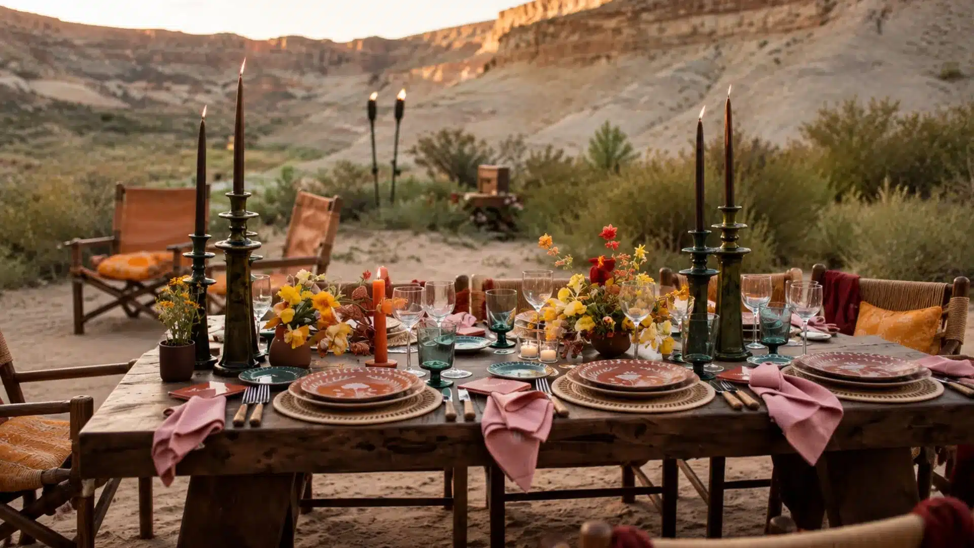outdoor desert table with tall taper candles, pink napkins, and terracotta plates at dusk