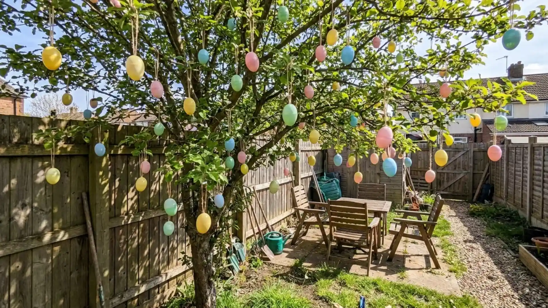outdoor easter egg tree with pastel plastic eggs hanging from low branches in a backyard