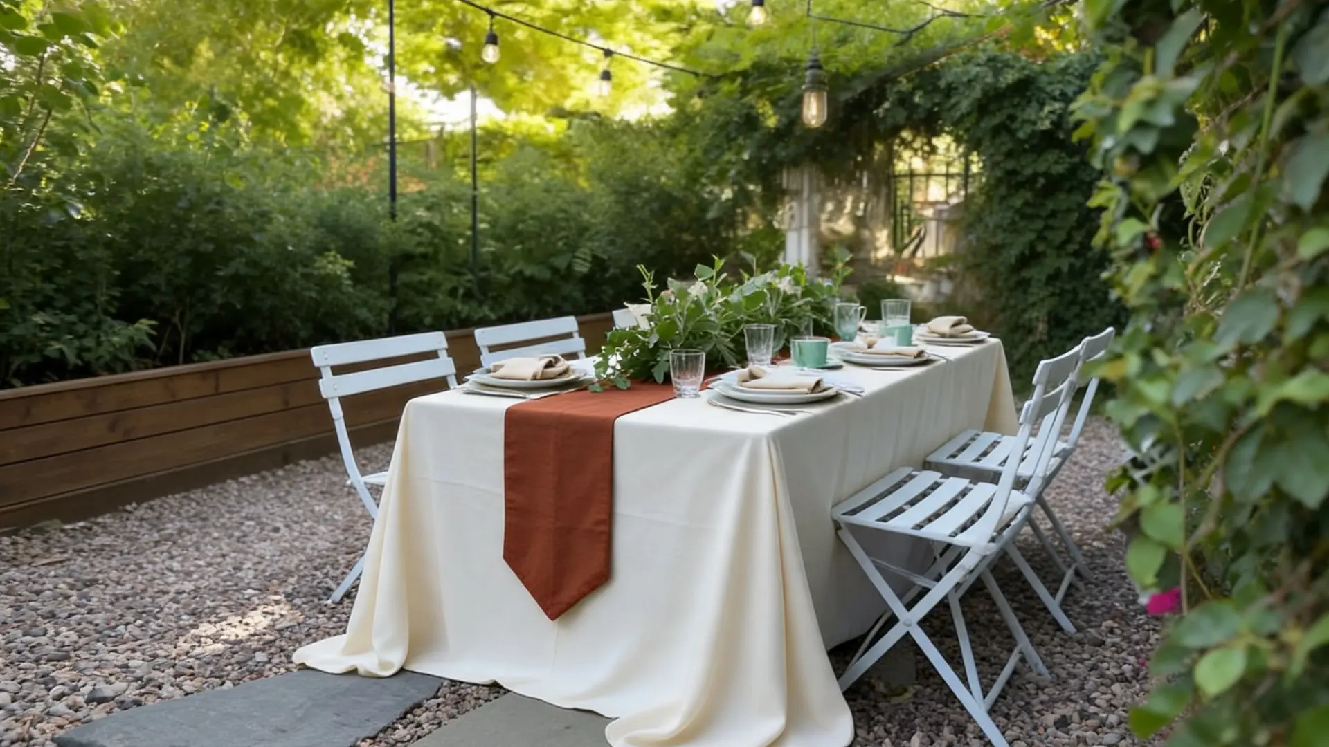 outdoor folding table with a floor-length cream cloth, terracotta runner, and string lights above