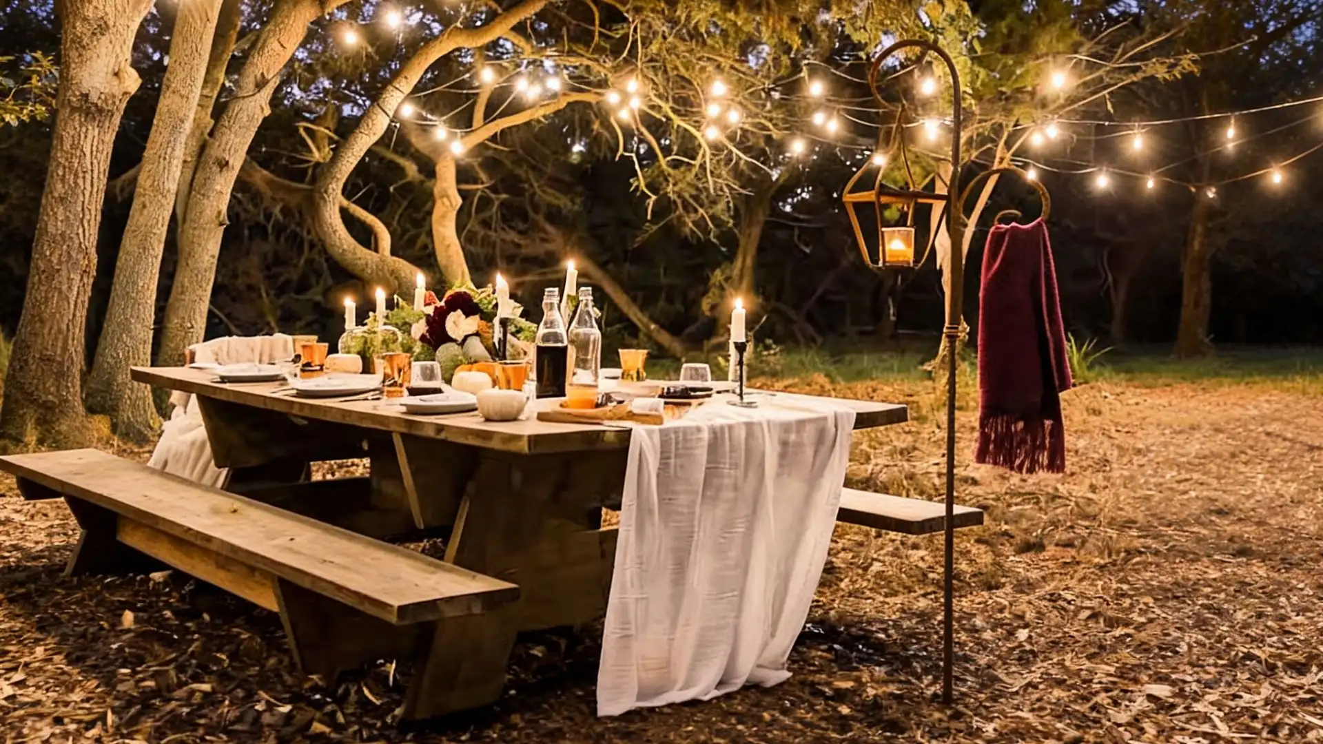 outdoor picnic table under string lights with candles, a lantern, and a burgundy blanket hung nearby