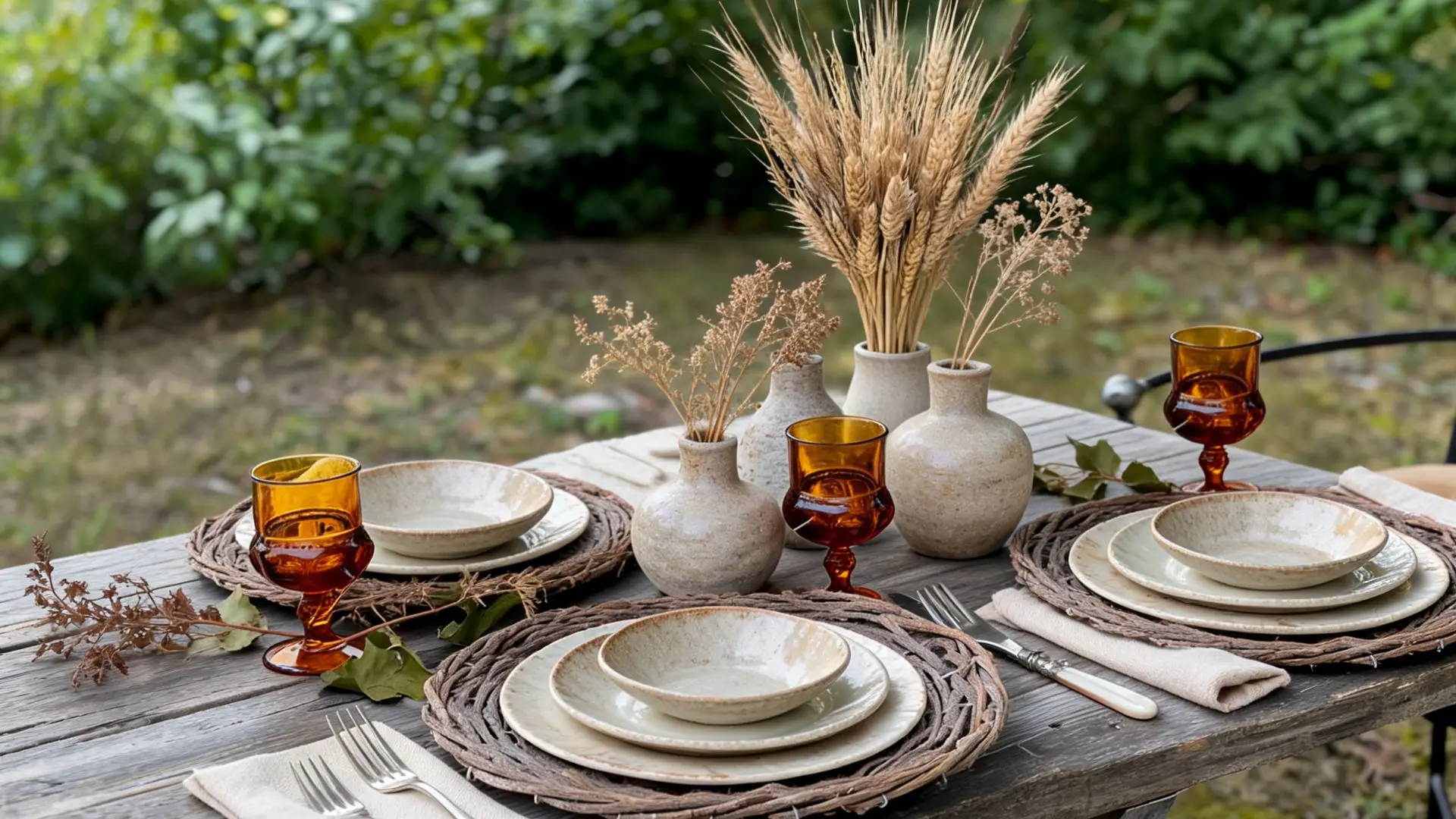outdoor rustic table with stoneware dishes, dried grasses in ceramic vases, and amber goblets