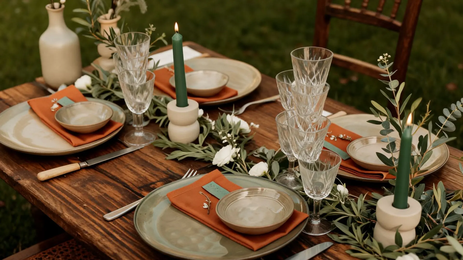 outdoor table with terracotta napkins, sage green candles, olive branches, and stoneware plates