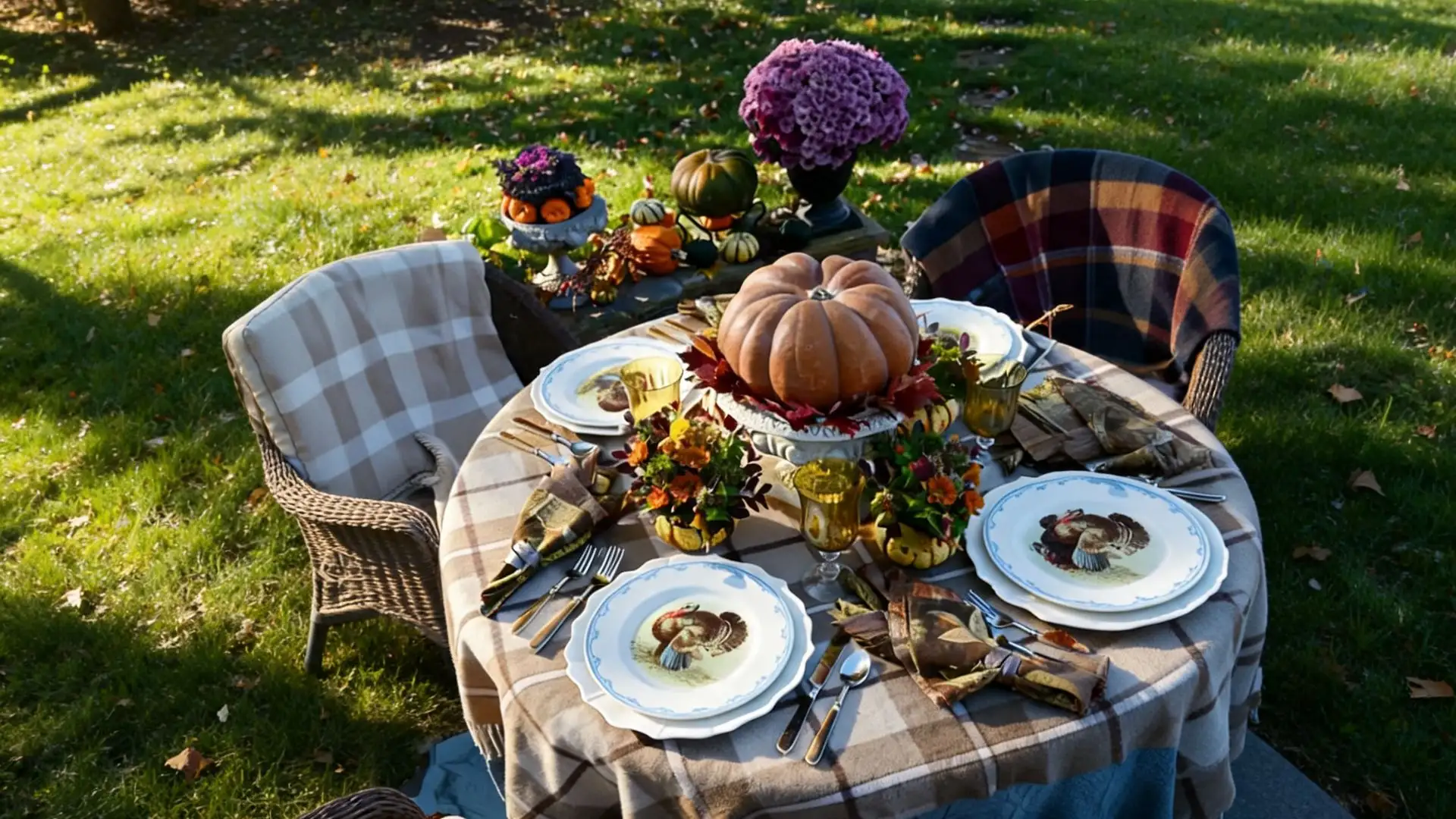 outdoor thanksgiving table with plaid linens, turkey plates, pumpkin centerpiece, amber goblets, flowers, and cozy blankets