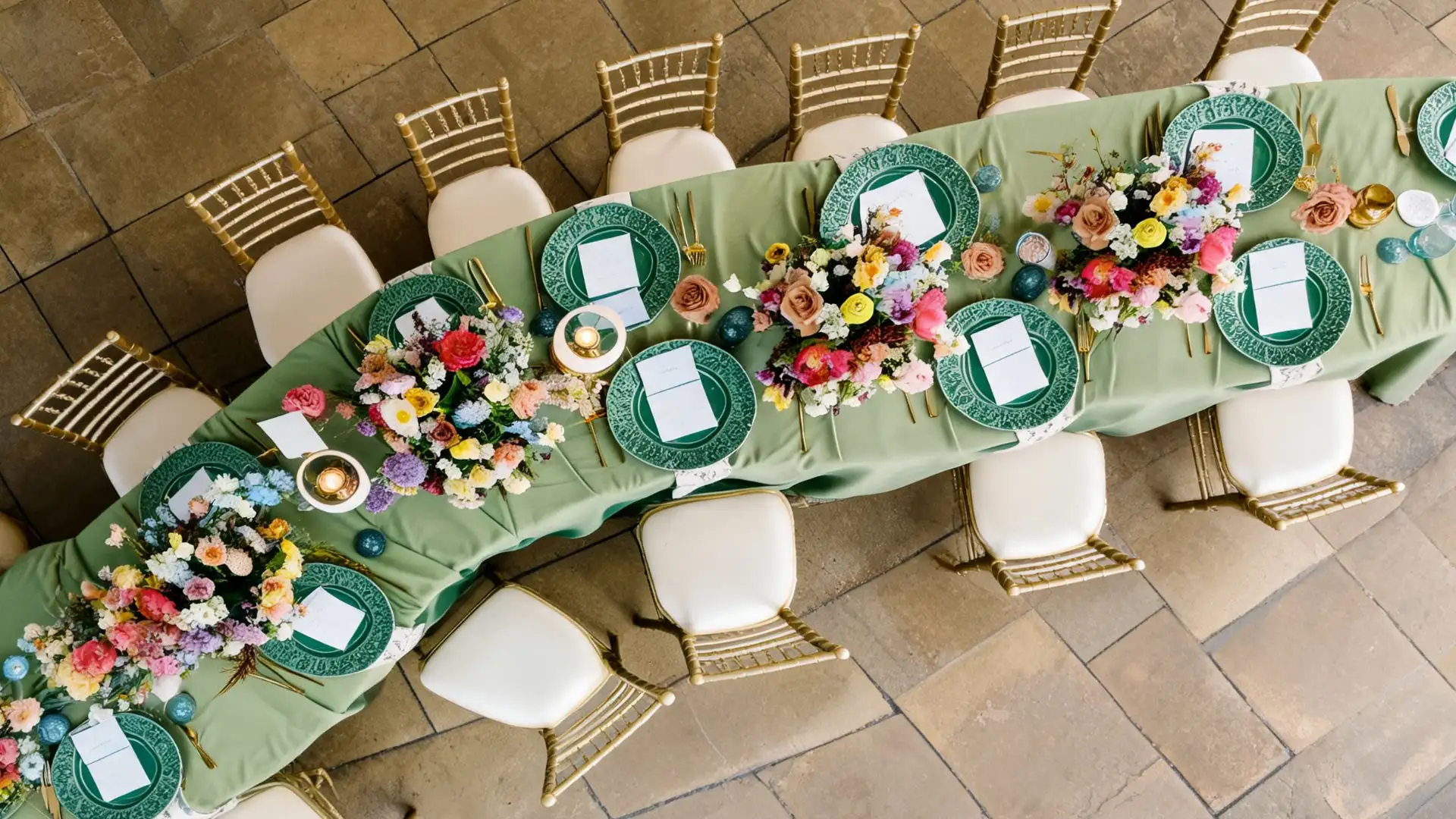 overhead view of oval table with sage linen, green plates, gold chairs, and colorful florals