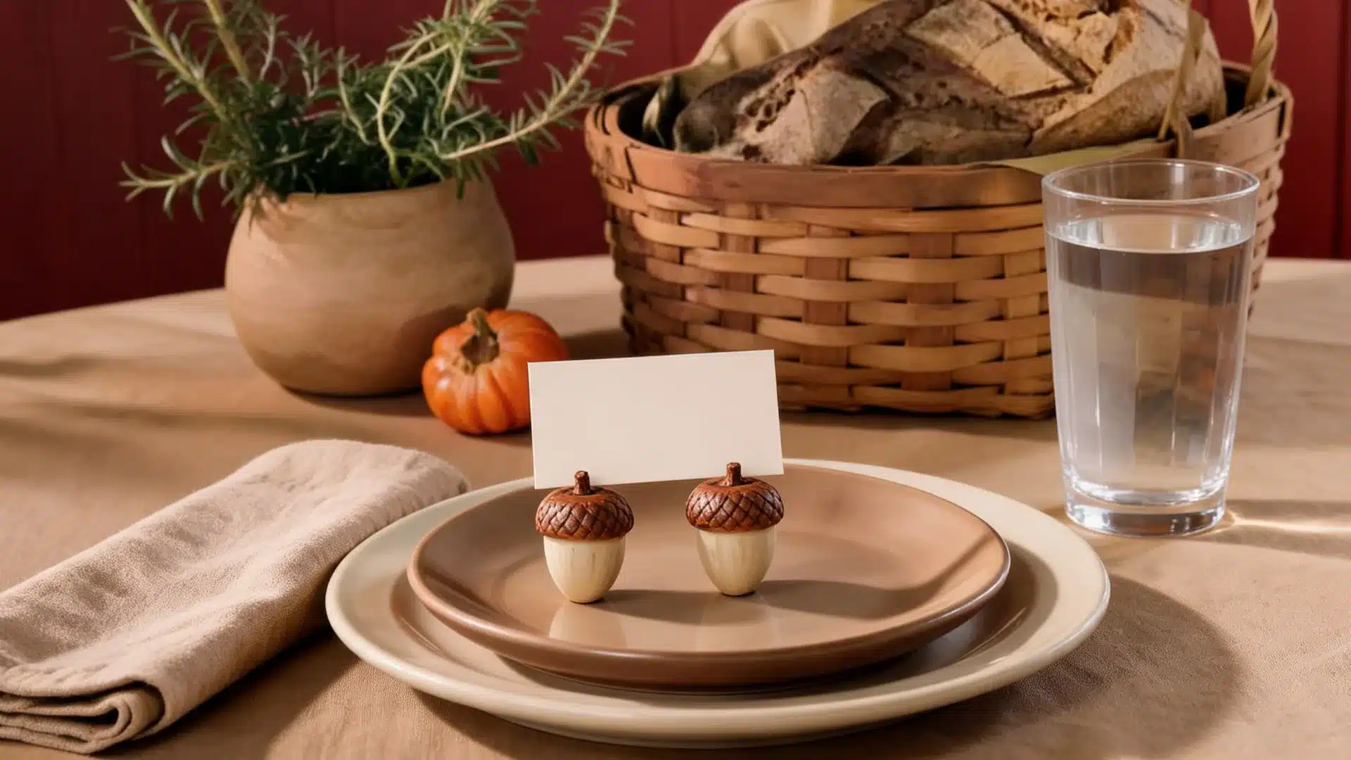 painted acorn place card holder on a plate with rosemary, bread basket, and mini pumpkin