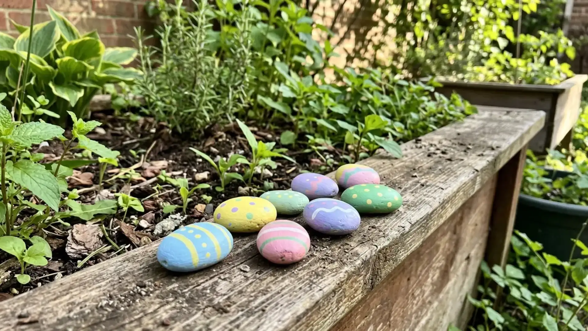 painted rock easter eggs in pastel colors with stripes and dots lined up on a wooden ledge