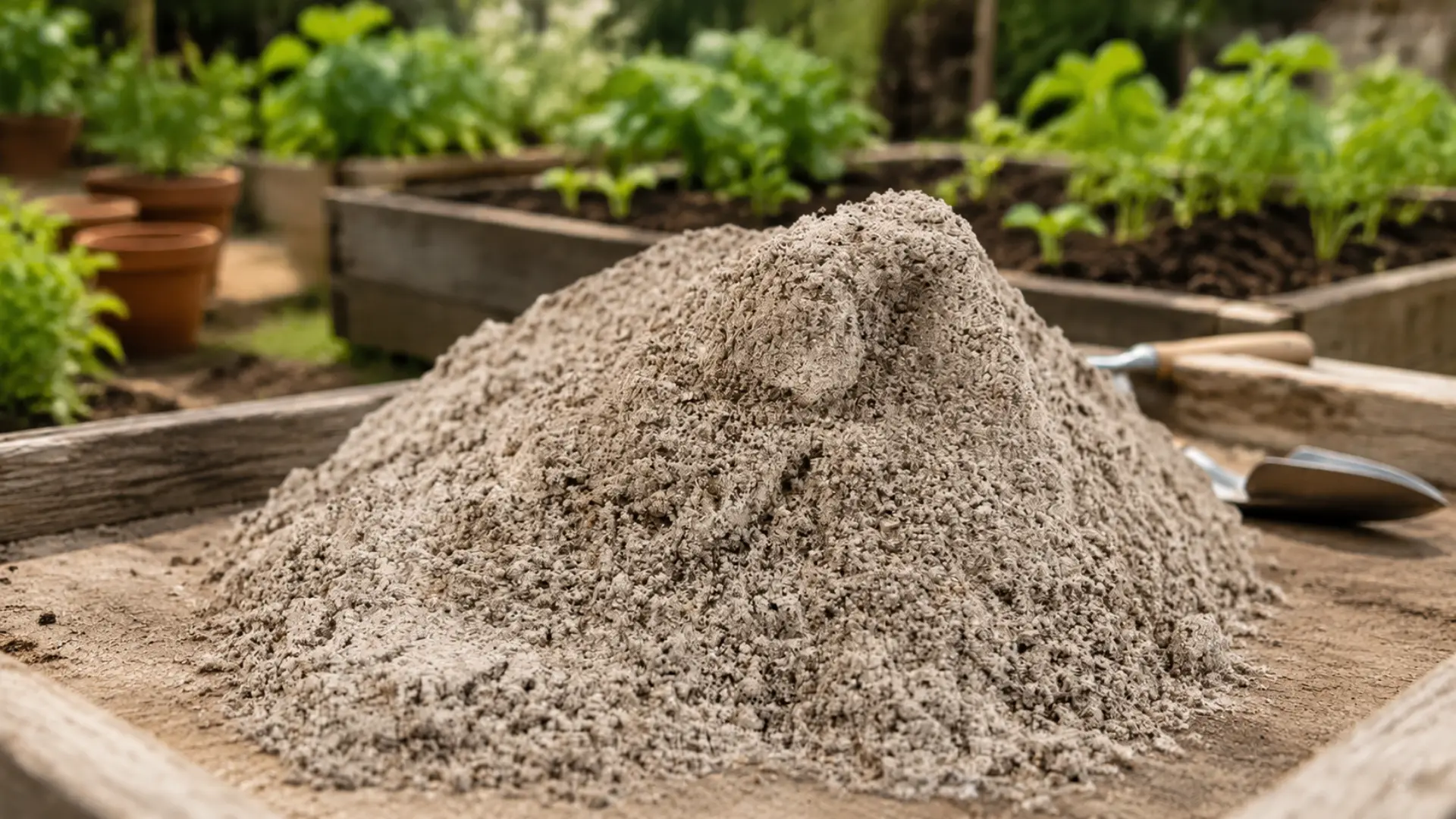 pale bone meal piled on a wooden garden bench with raised planting beds behind