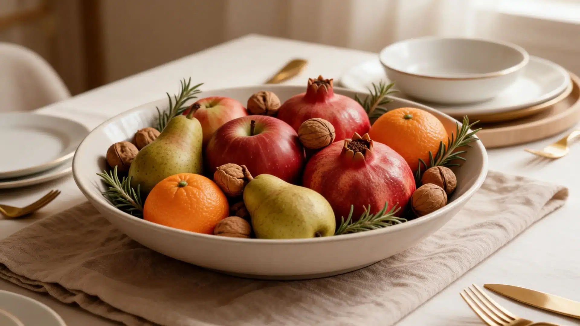 pantry fruit bowl with apples, pears, oranges, pomegranates, walnuts, and rosemary sprigs