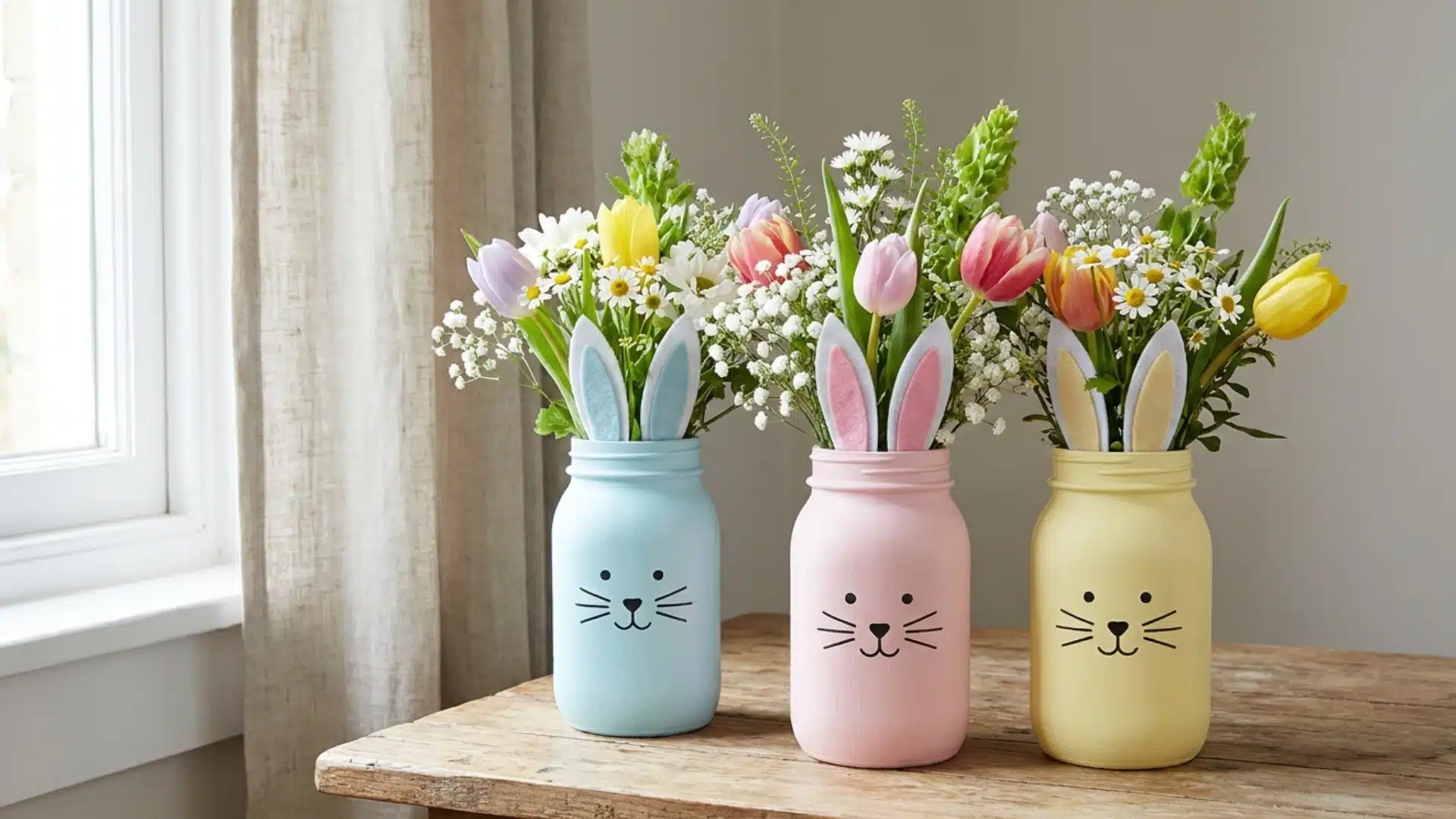 pastel painted mason jars with bunny ears filled with fresh flowers