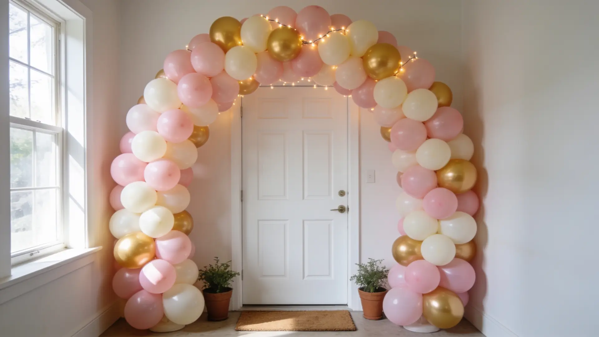 pastel pink and gold balloon arch decorating an entryway