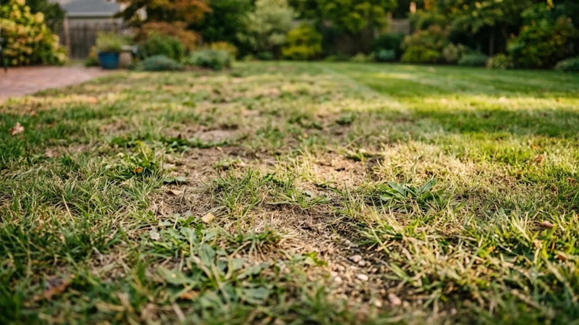 patchy lawn with thin grass bare spots and weeds showing clear signs that overseeding is needed