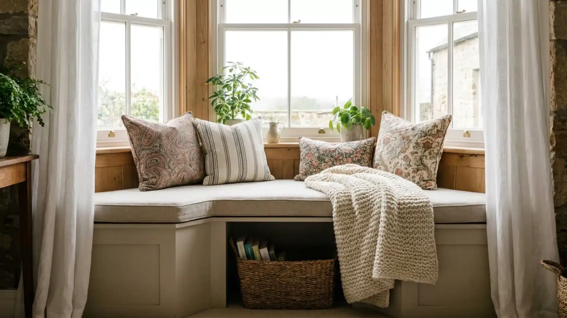 patterned throw pillows and a knit blanket arranged on a cushioned window bench with book storage