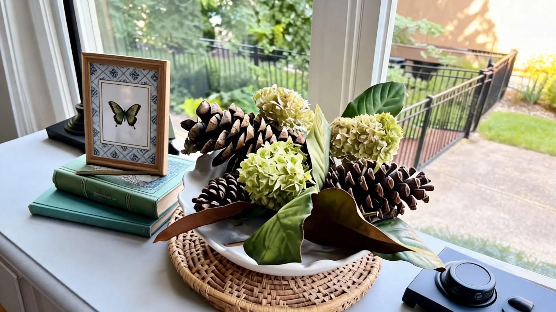 pedestal bowl centerpiece with hydrangeas, pinecones, and magnolia leaves on a windowsill