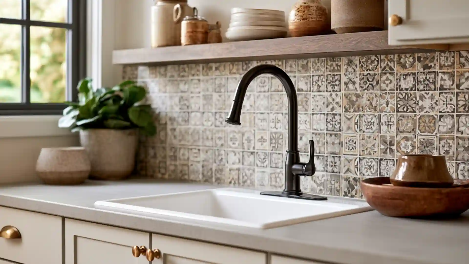 peel and stick patterned tile backsplash behind a farmhouse sink with a matte black gooseneck faucet