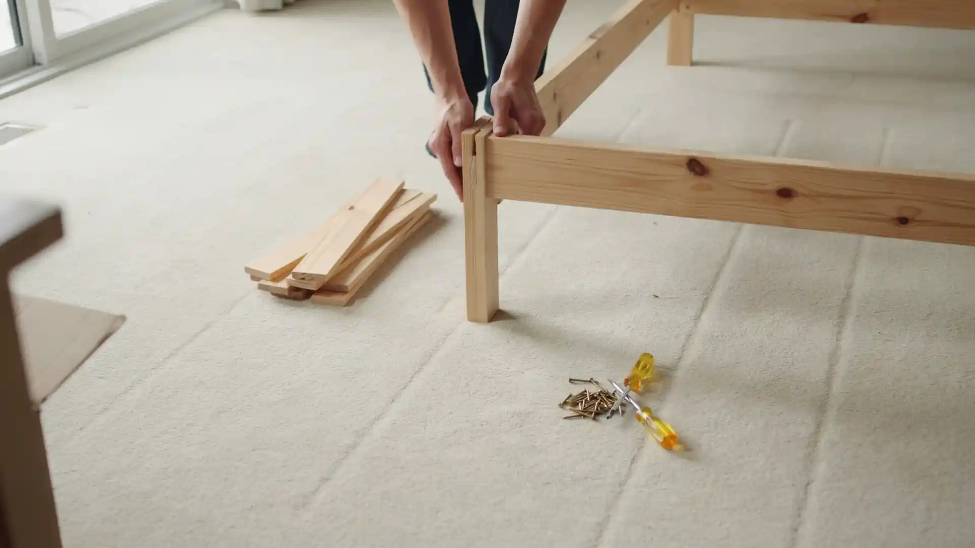 person assembling a wooden bed frame with screws and screwdrivers on the carpet