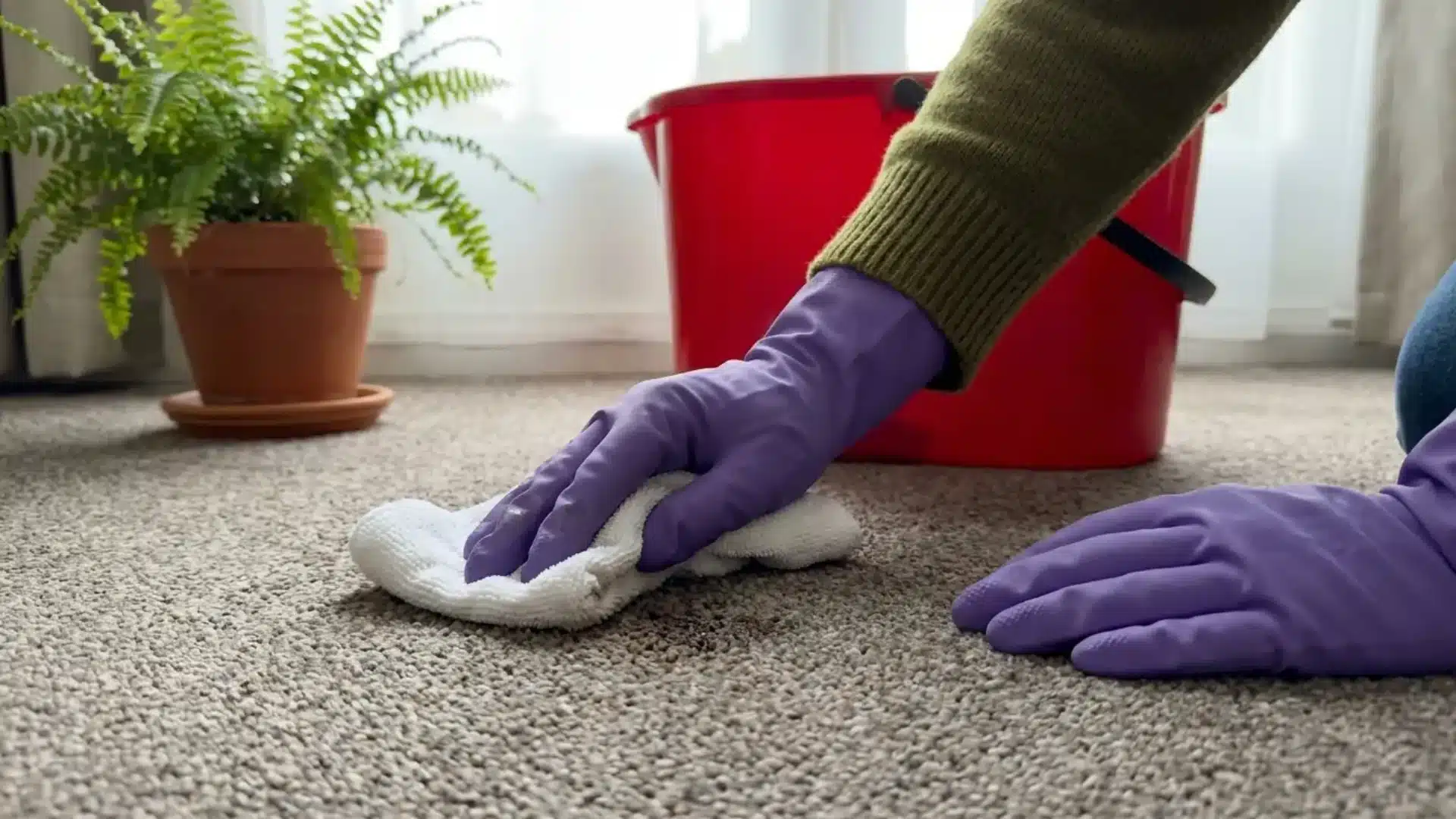 person in purple gloved hand scrubbing a gray carpet with a white cloth beside a red bucket