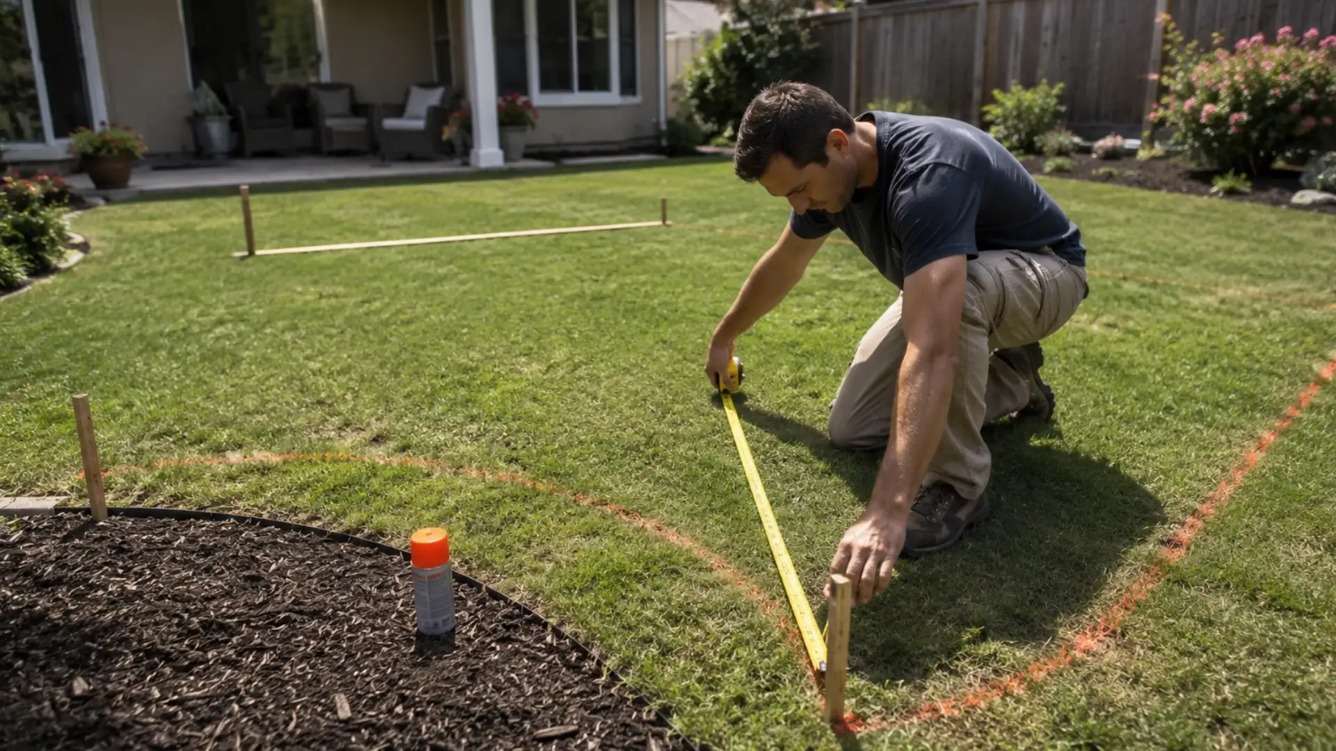 person measuring a backyard with stakes and tape before installing artificial grass on the lawn
