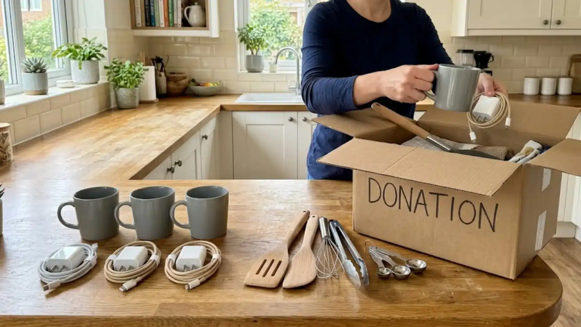 person packing duplicate mugs cables and kitchen tools into a donation box on kitchen counter