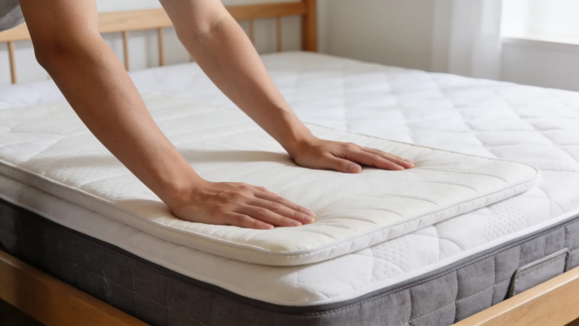 person placing a mattress topper over the bed as a buffer