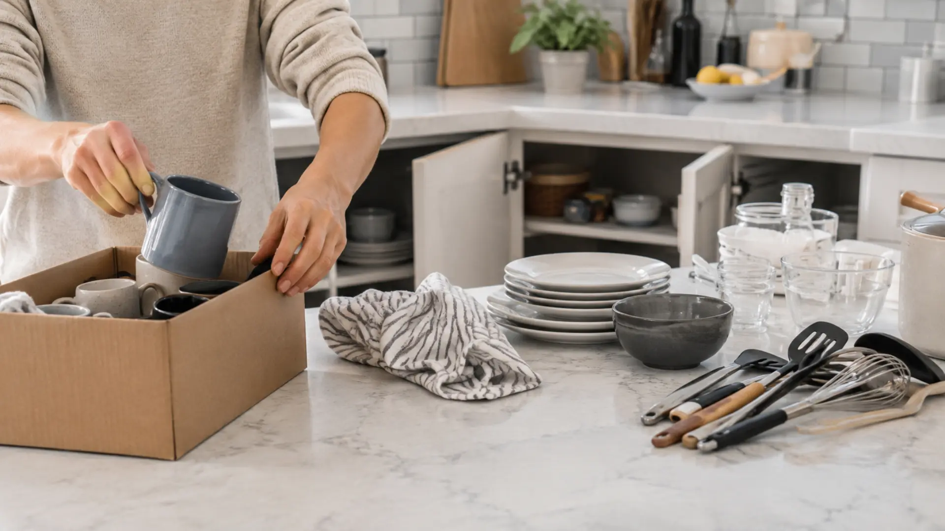 person sort kitchen items, placing a duplicate mug into a box beside grouped utensils in a bright, modern kitchen.