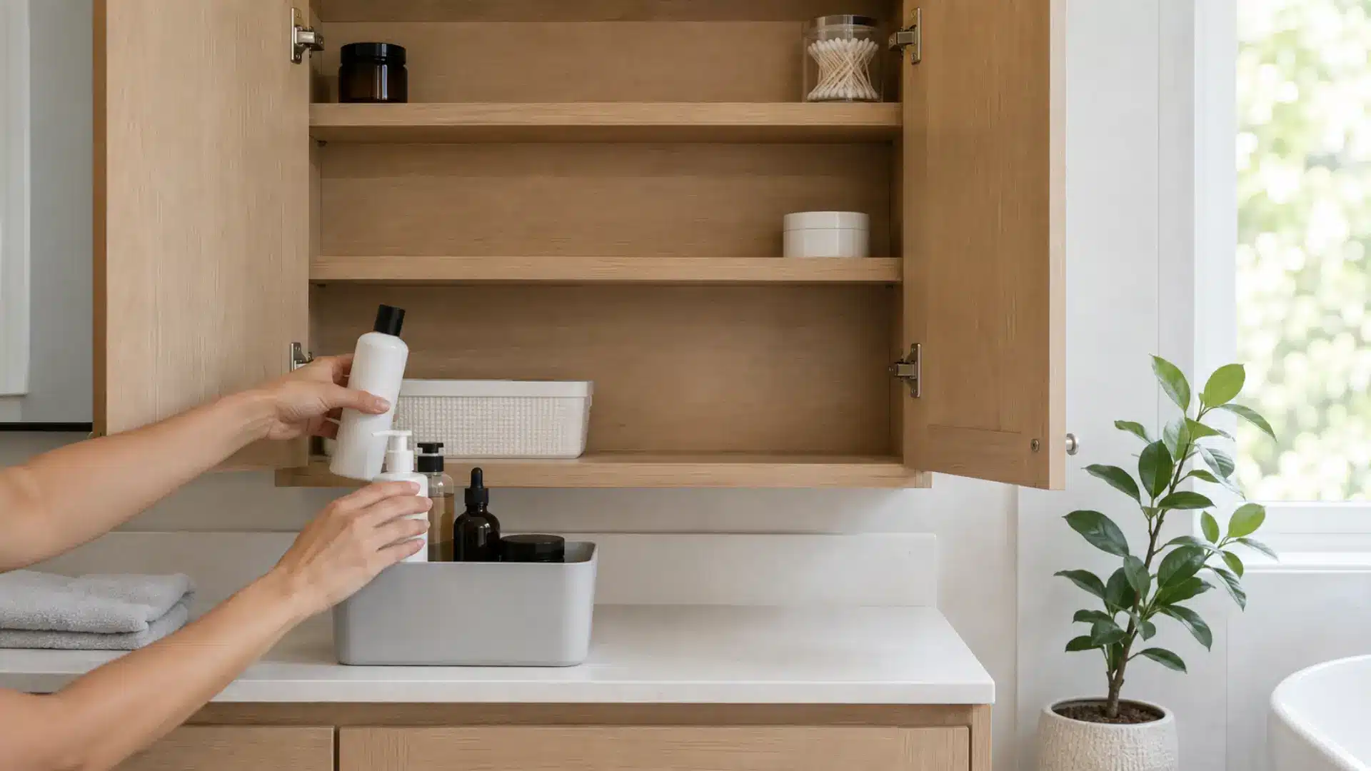 person sorting bathroom cabinet items into a bin on the countertop