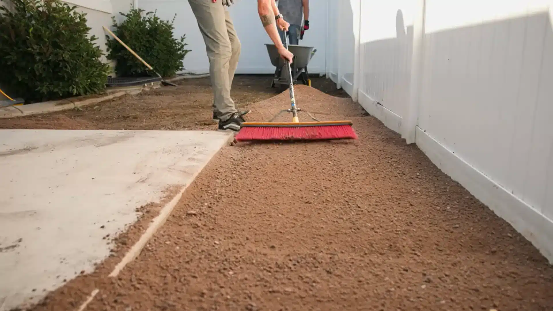 person spreading and compacting crushed stone to build a stable base for artificial grass installation