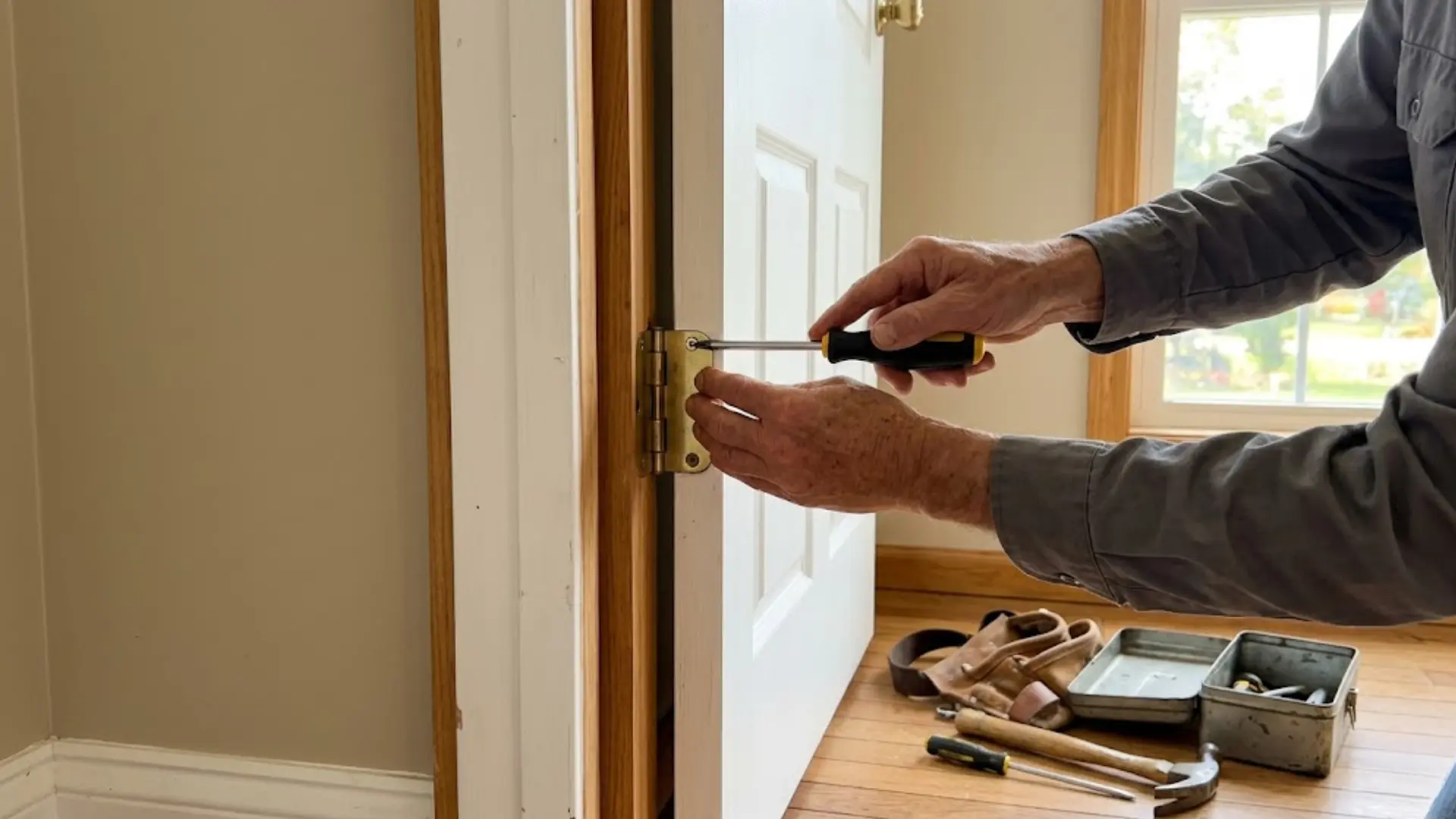 person using screwdriver to tighten hinge screw on white door with tools on floor nearby