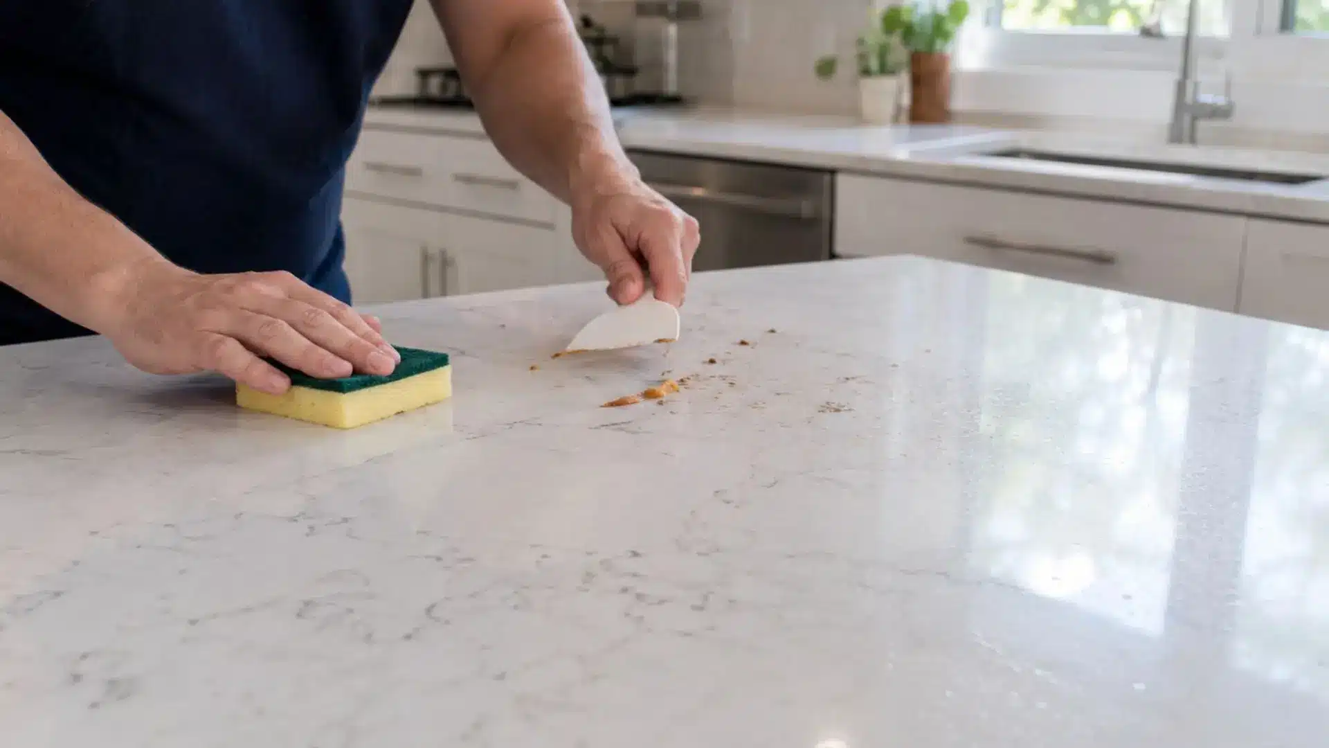 person using sponge and scraper to remove built up residue stains from quartz countertop surface
