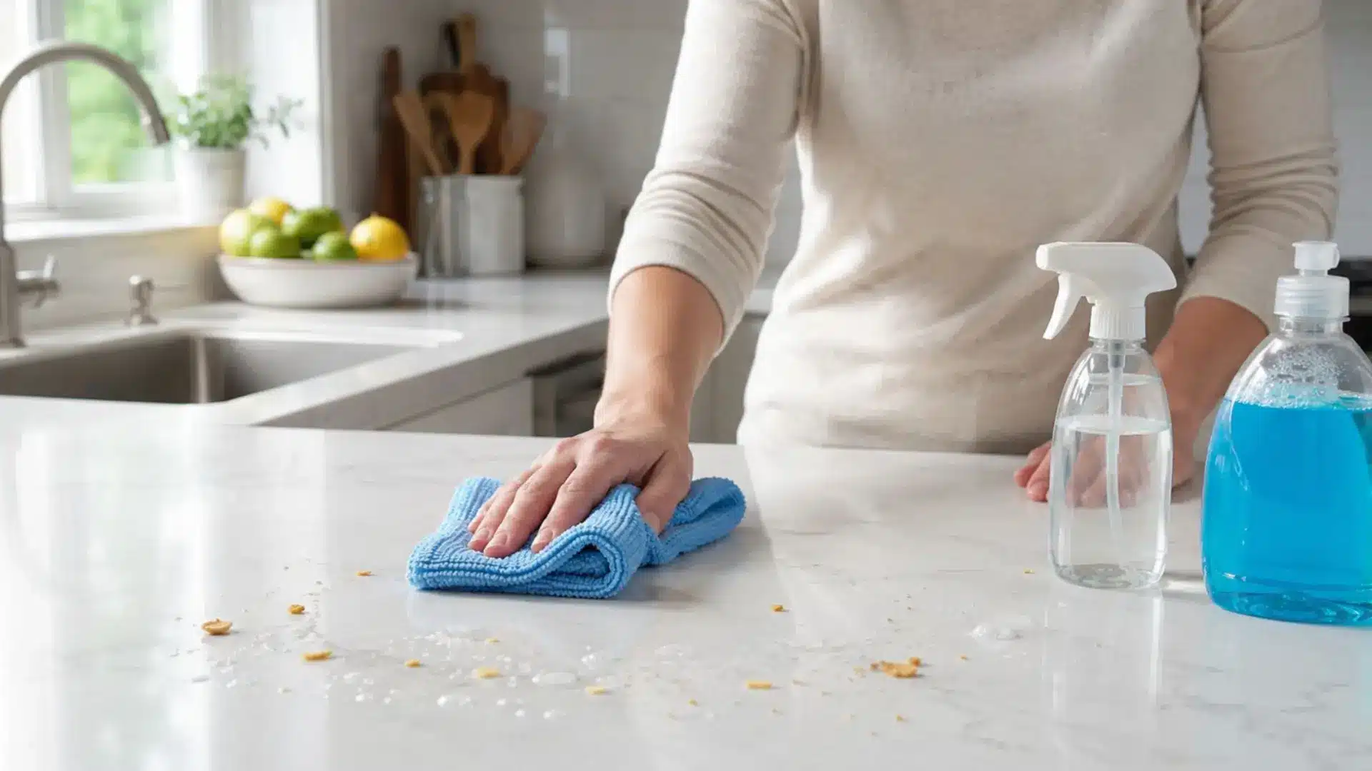 person wiping crumbs and spills off quartz countertop with blue cloth beside cleaning spray bottles