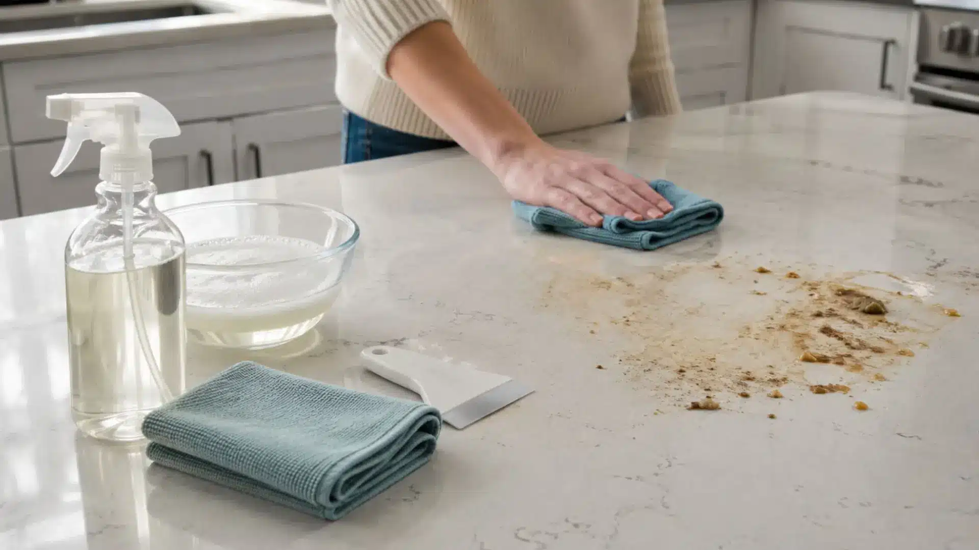person wiping quartz countertop with cloth beside scraper and cleaning solutions removing grease and stains