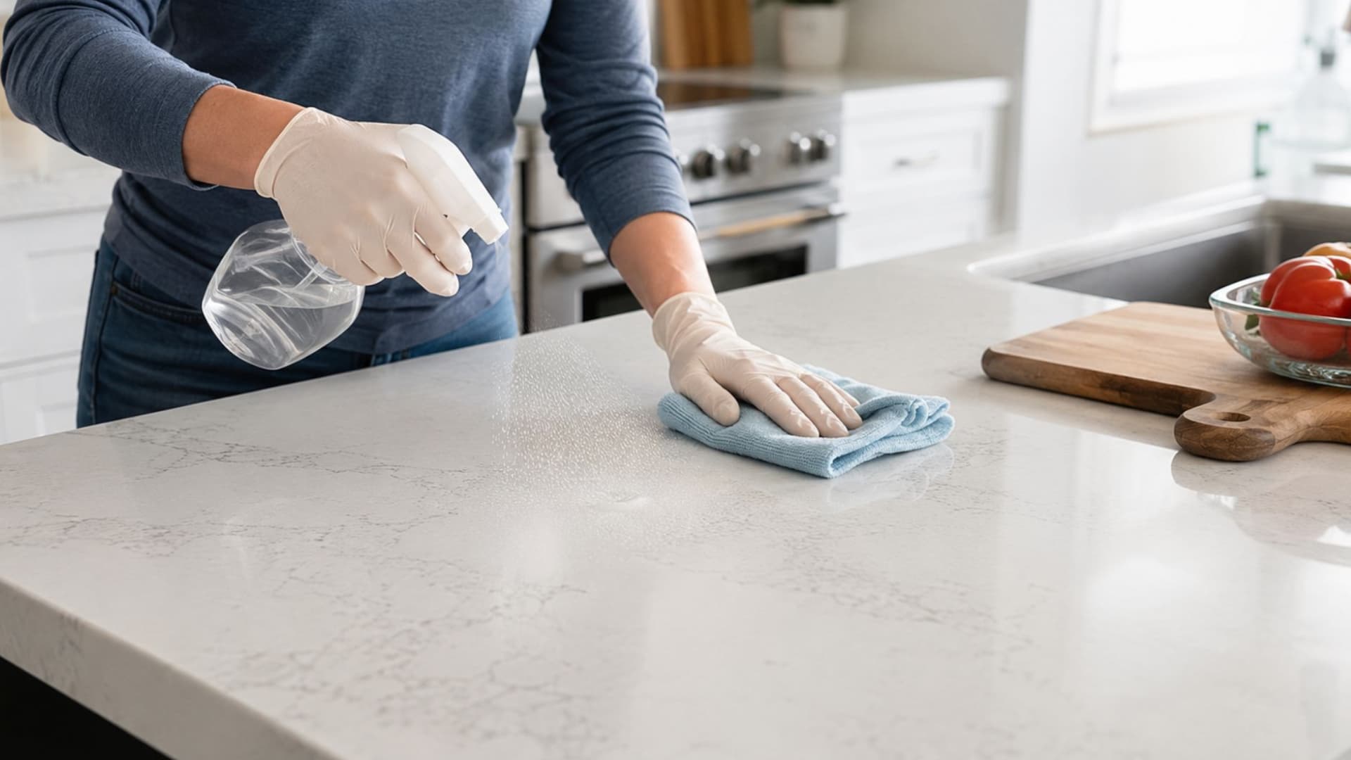 person with gloved hands spraying and wiping quartz countertop with blue cloth to disinfect without damage