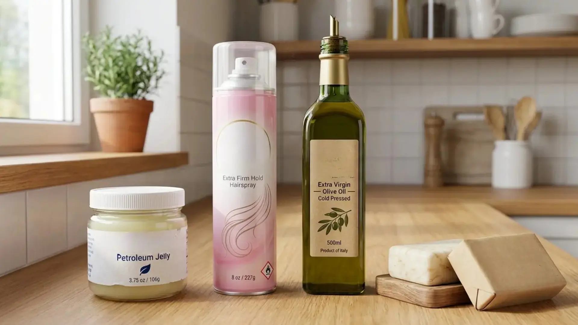 petroleum jelly hairspray olive oil bottle and soap bars lined up on wooden kitchen counter