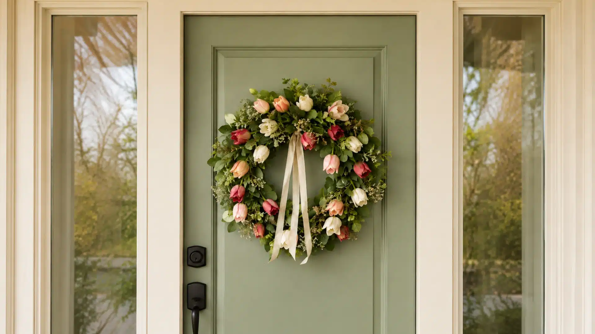 pink white and yellow tulips used in a tulip wreath with green leaves hanging on a sage green door