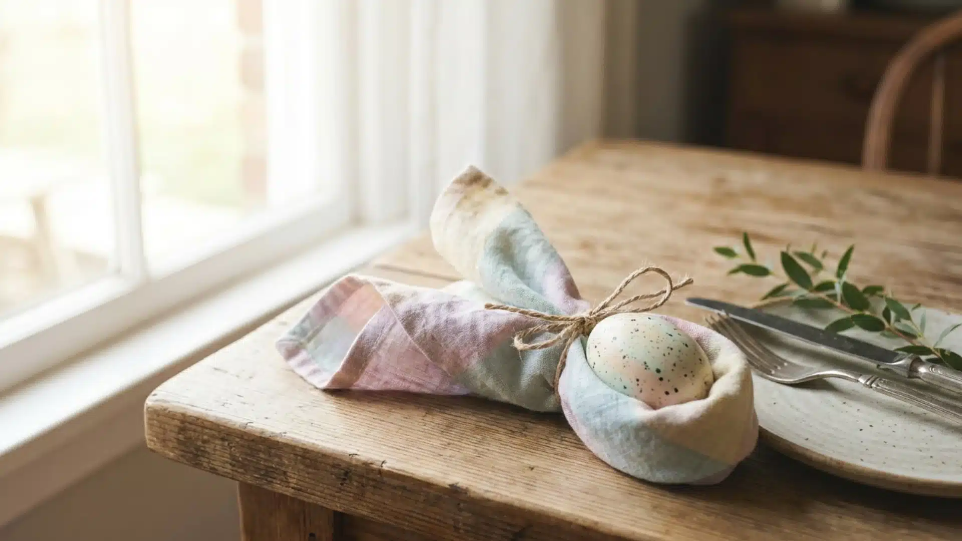 place setting featuring a napkin folded into bunny ears around an egg