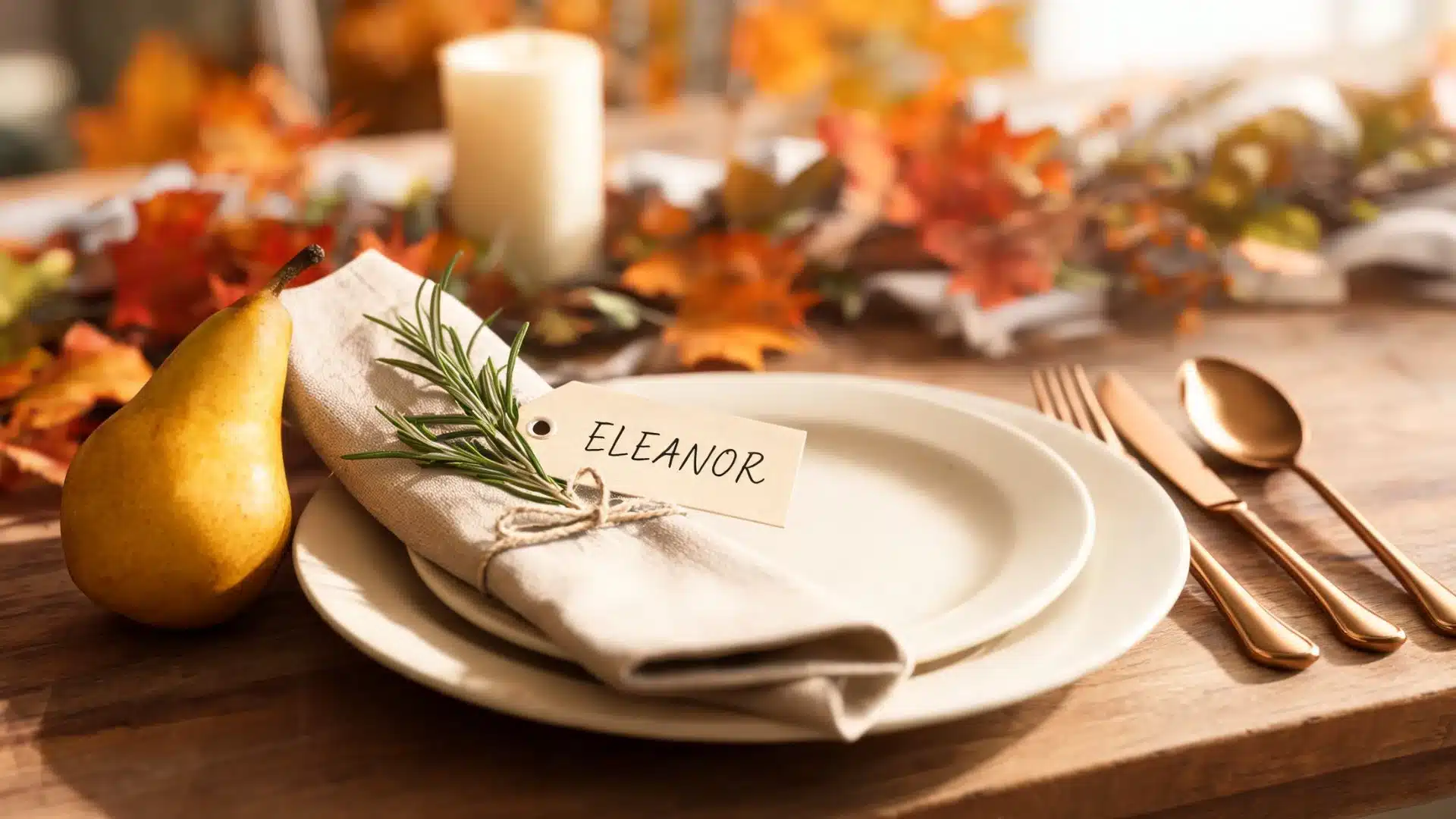 place setting with pear, rosemary sprig, and named place card tied to a folded linen napkin