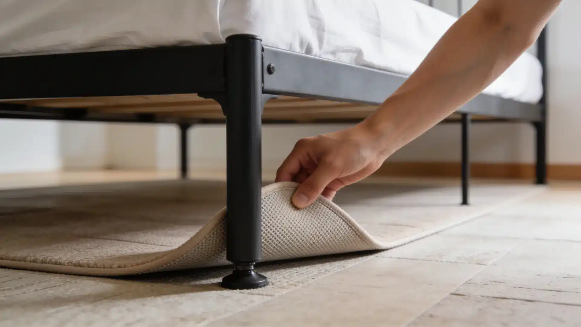 placing a furniture pad under an uneven bed frame leg