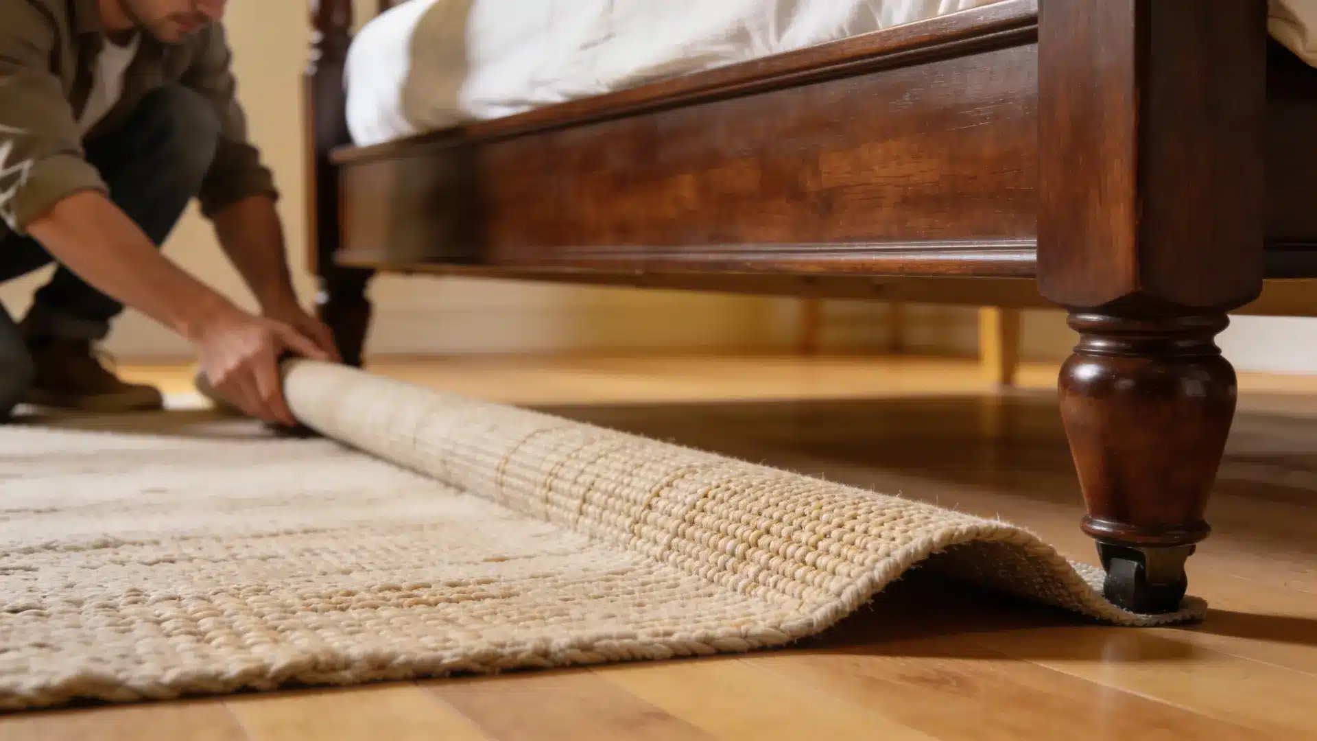 placing floor padding under a bed frame leg to reduce noise
