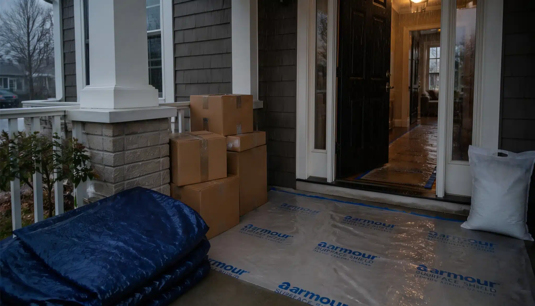 plastic sheeting laid across an entryway floor with ice melt ready before a rainy move