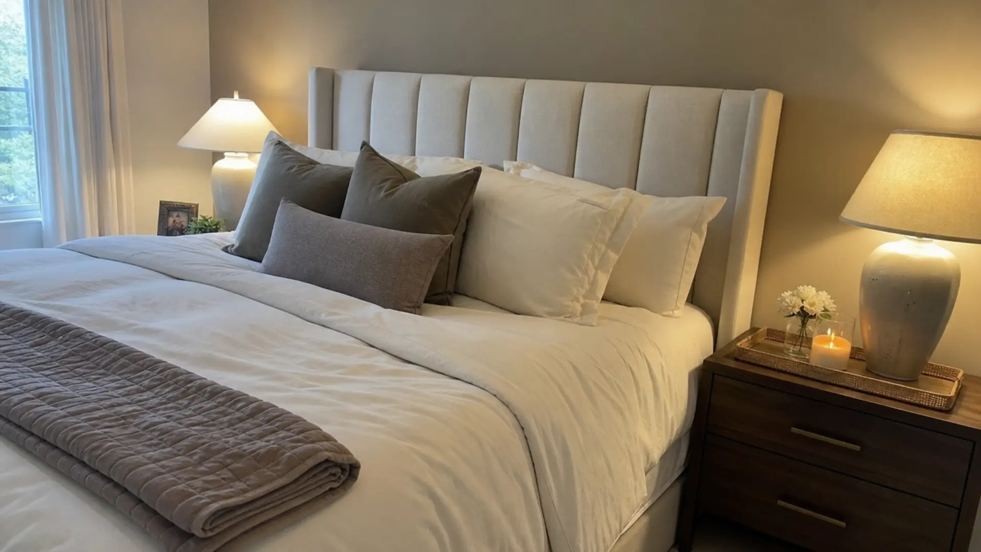 plush cream bedding with velvet pillows and warm lamps in neutral bedroom