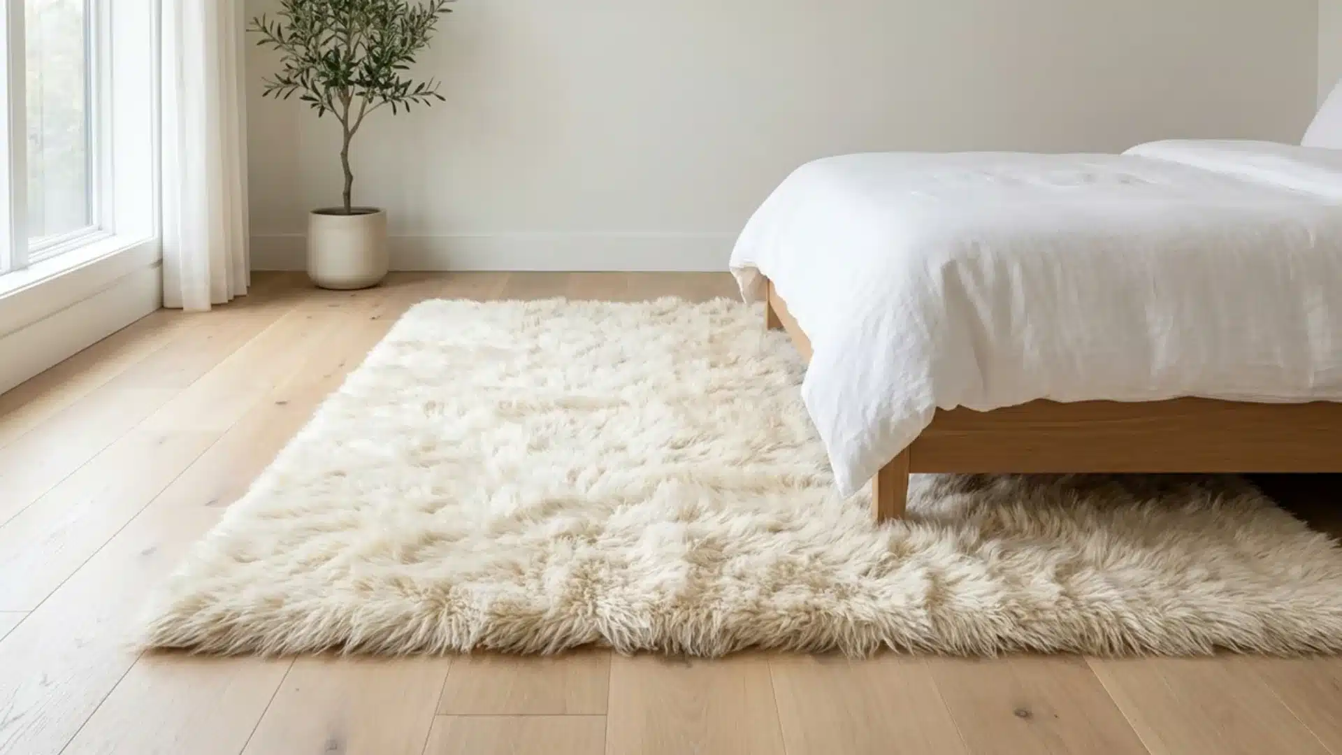 plush cream faux fur rug placed beside a wood bed frame near a potted olive tree