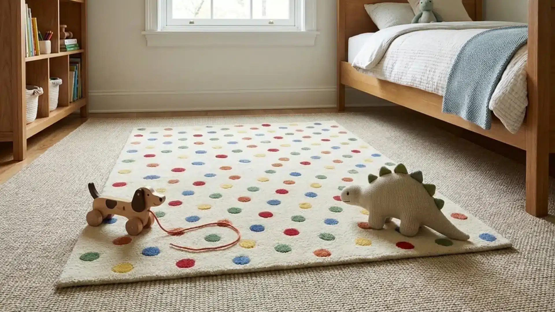 polka dot rug layered over a woven jute rug with a toy dog and knit dinosaur on top