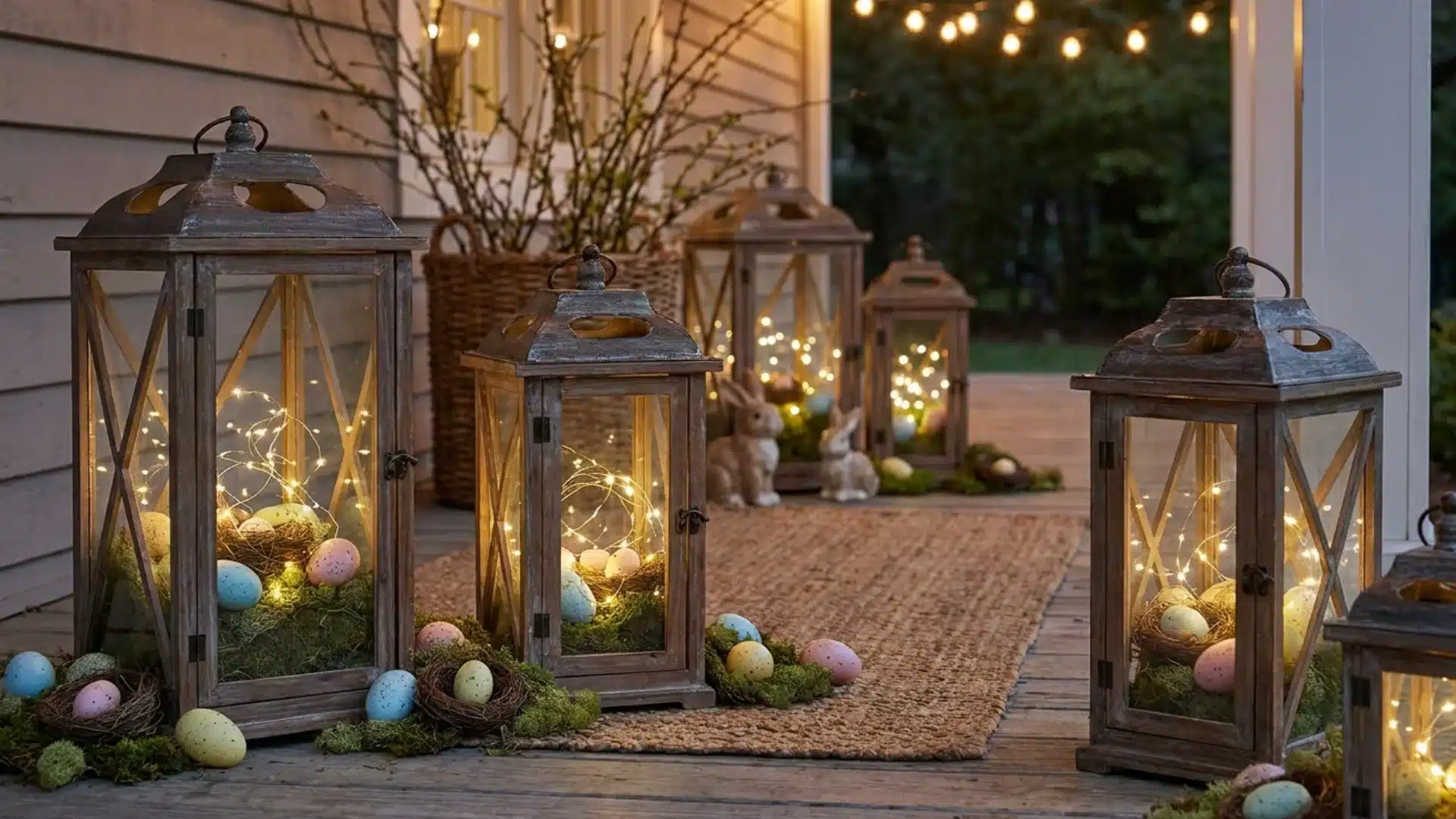 porch lanterns filled with moss pastel eggs and glowing fairy lights