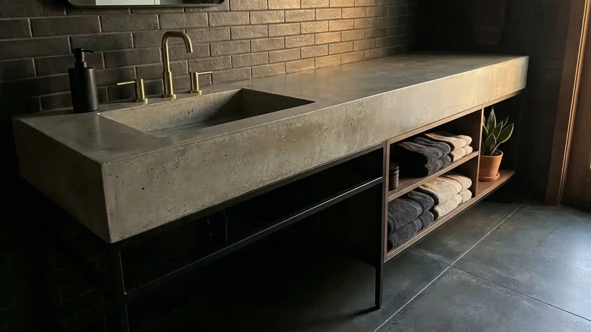 poured concrete vanity countertop with sink black fixtures and open wood shelving below