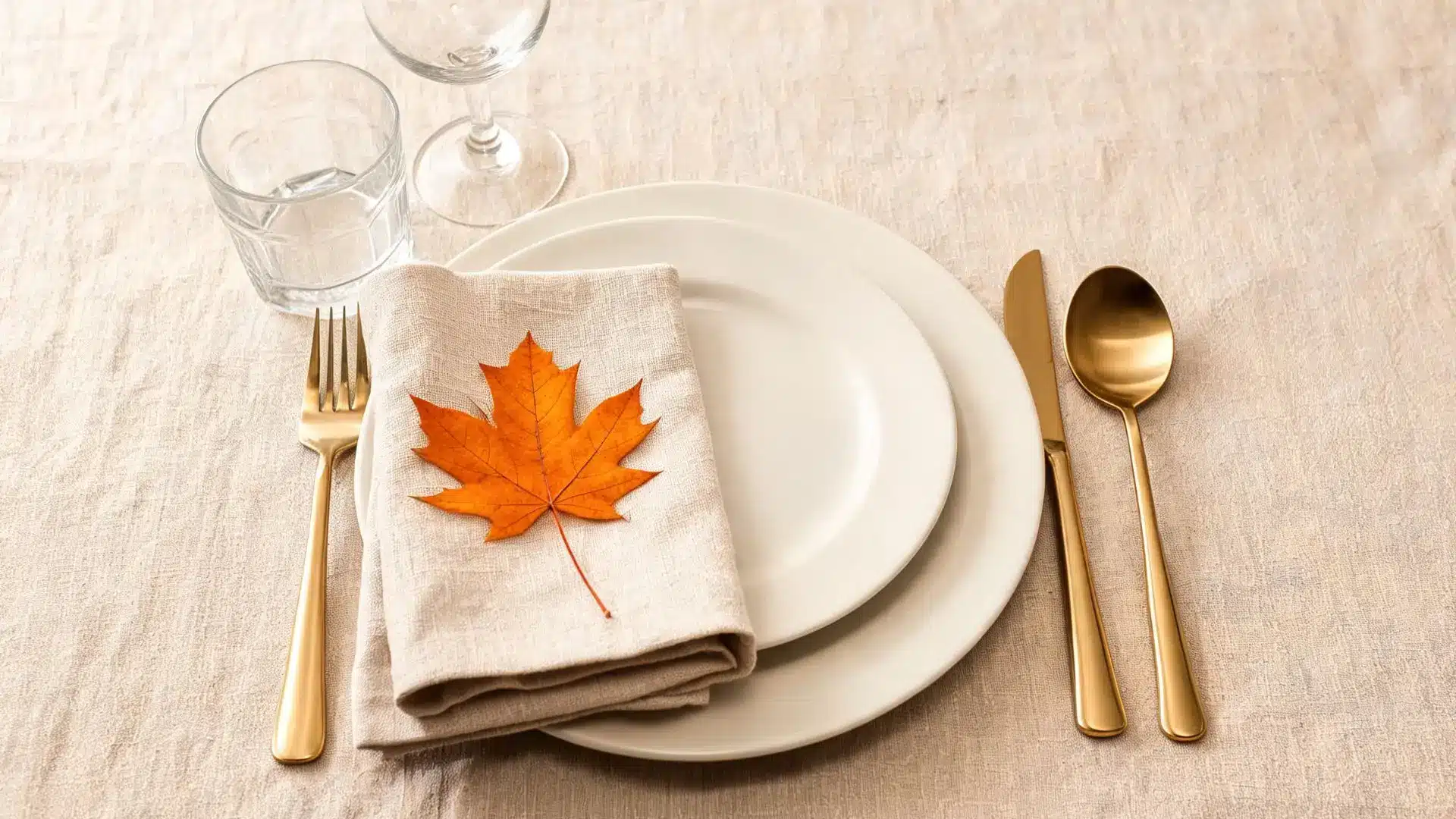 pressed maple leaf as a place card on a folded linen napkin with gold flatware