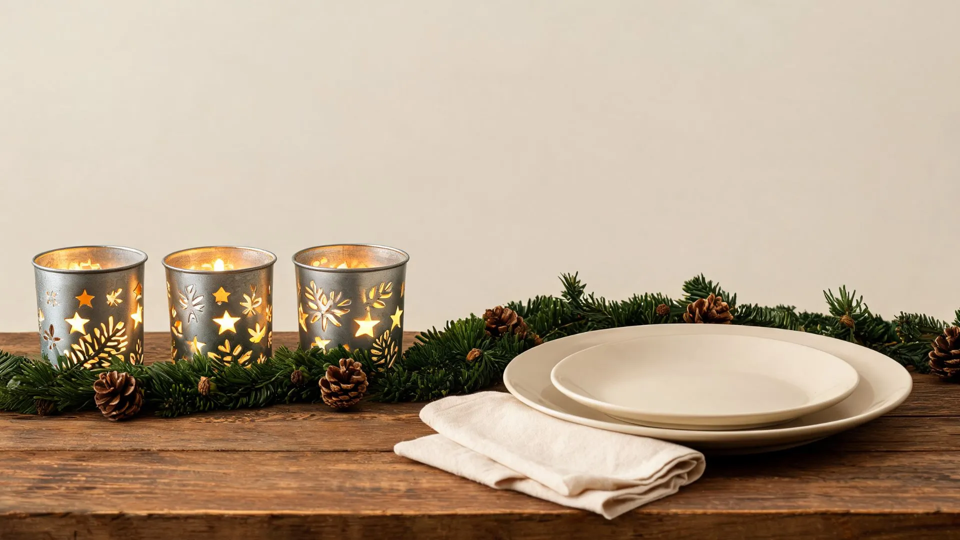 punched tin votive candle holders with pine garland, pinecones, and cream plates on wood table