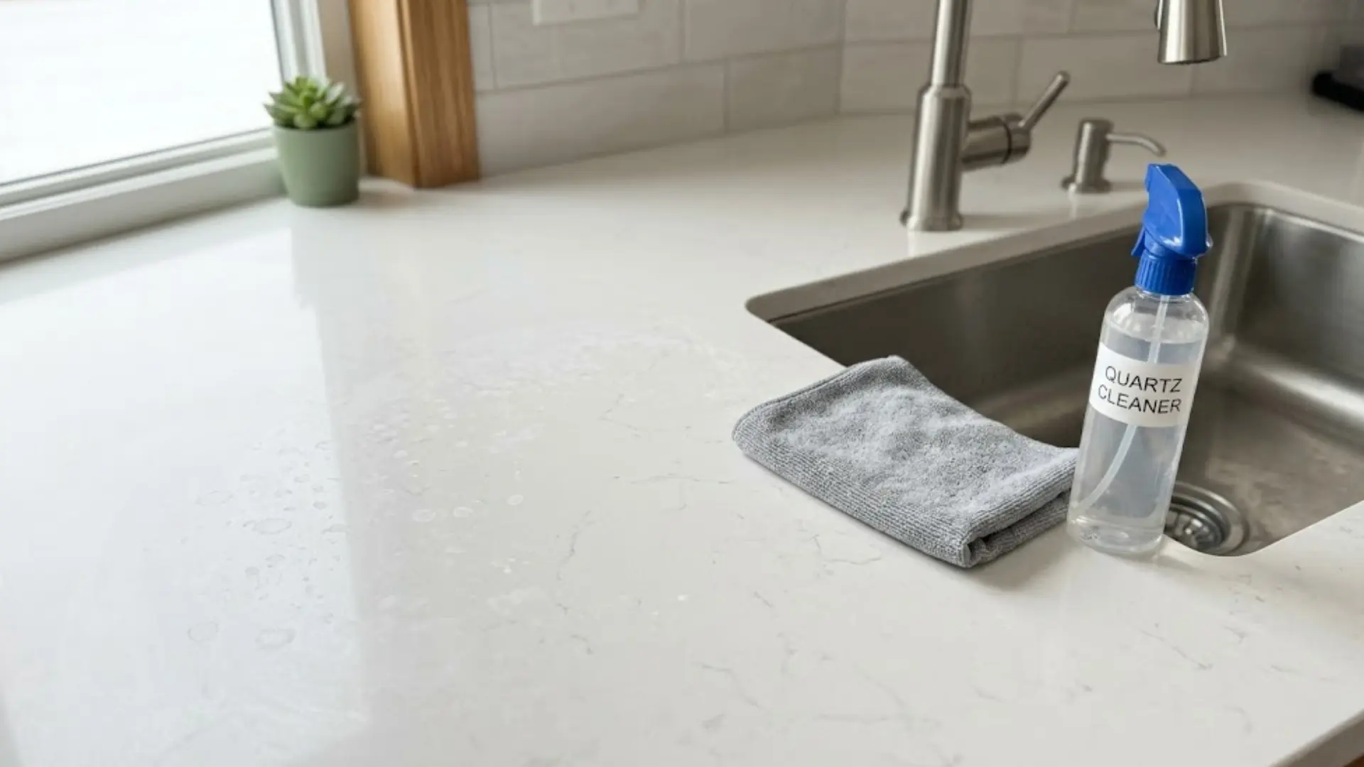 quartz cleaner spray bottle and gray microfiber cloth beside kitchen sink treating hard water marks