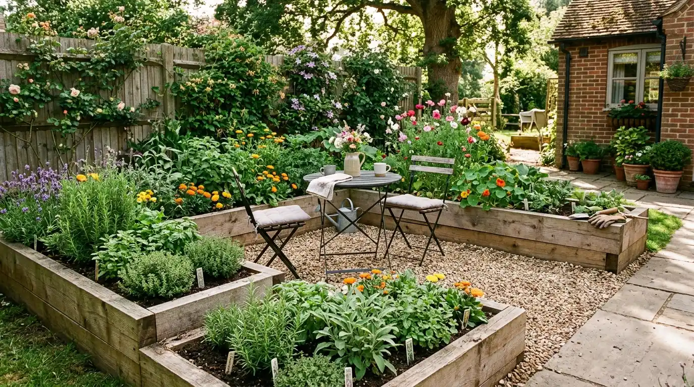 raised garden beds filled with herbs and colorful flowers surround a small table and two chairs beside a brick garden room.