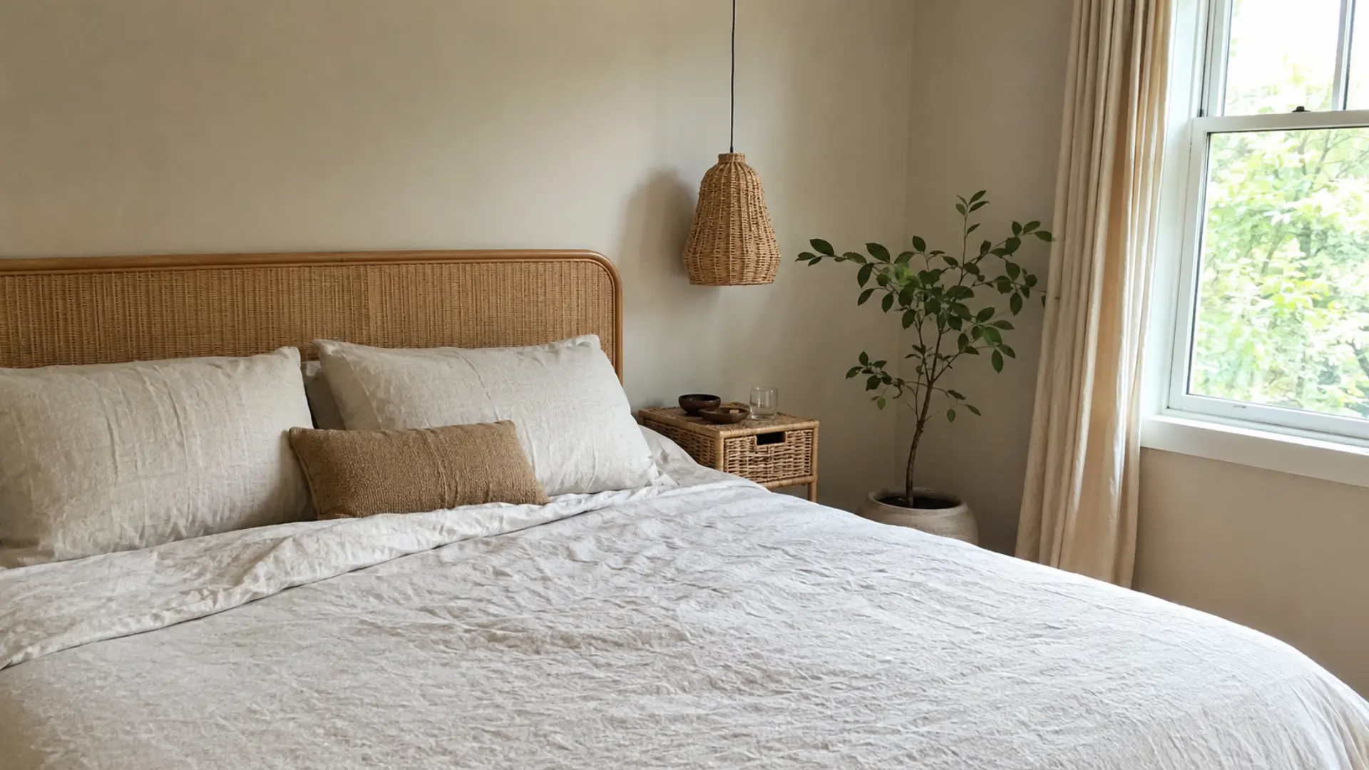 rattan headboard bedroom with woven pendant light and linen bedding