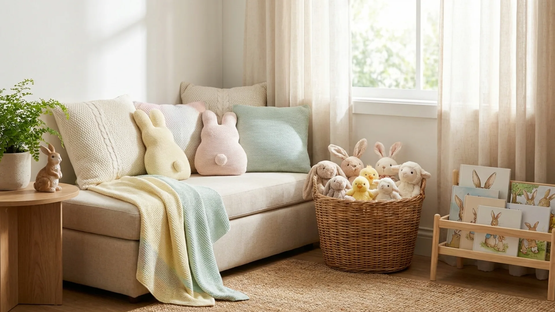 reading corner styled with bunny books cushions and plush animals