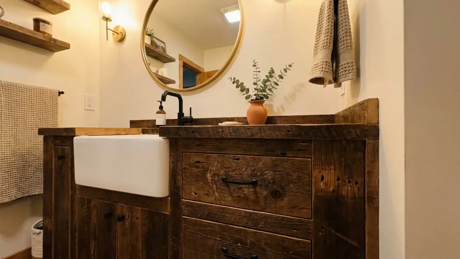 reclaimed barn wood vanity with farmhouse sink black faucet round mirror and potted plant